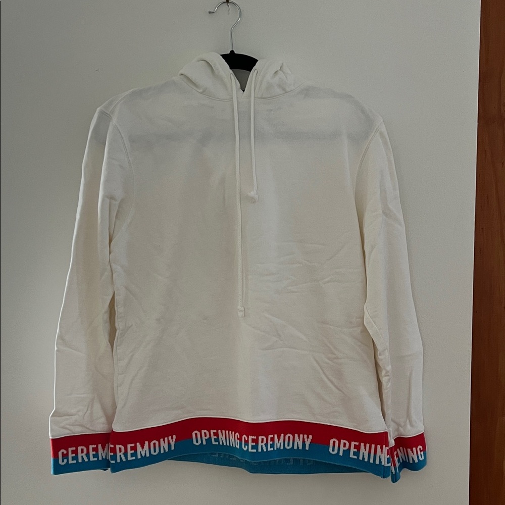 Opening Ceremony Cream Hoodie with Red and Blue Branded Hem